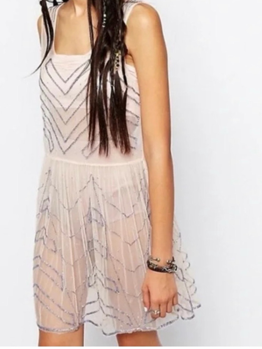 Free People Embellished Mesh Mini Slip Dress in Soft Peach with Purple Beading